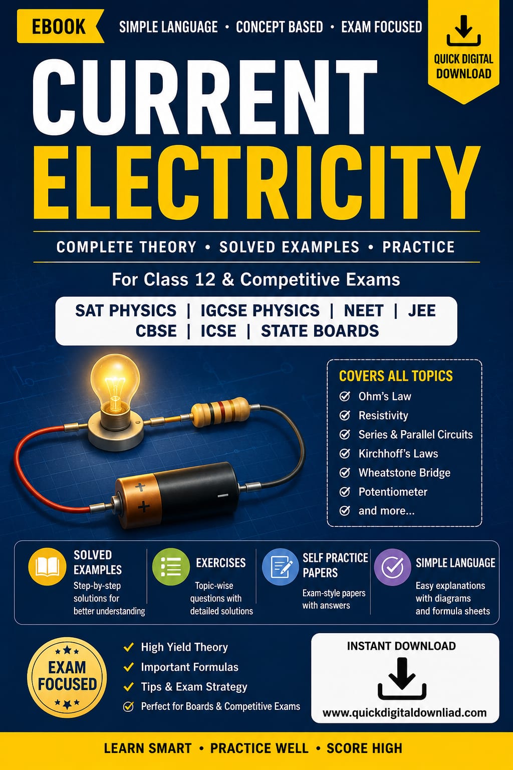 Current Electricity Study Guide for NEET, JEE, SAT Physics, IGCSE, CBSE & ICSE Students
